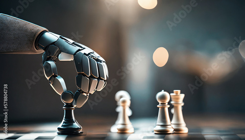 metalic robotic hand holding chess piece with wooden board and some play figurines, on bright blury gray room background, generative AI