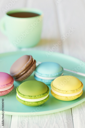Realistic food. Coffee cup and plate with colorful macaroons. Soft focus. 3D render