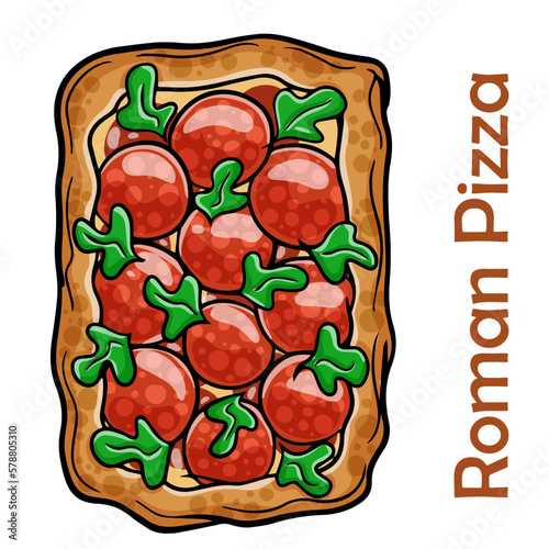 Salami pizza, bell pepper, rucola, kalamata, pesto, parmesan. Roman pizza rectangular on white background