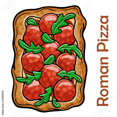 Salami pizza, bell pepper, rucola, kalamata, pesto, parmesan. Roman pizza rectangular on white background
