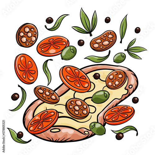 Roman rectangular pizza. With flying tomatoes, salami and herbs.  Vector cartoon picture.
