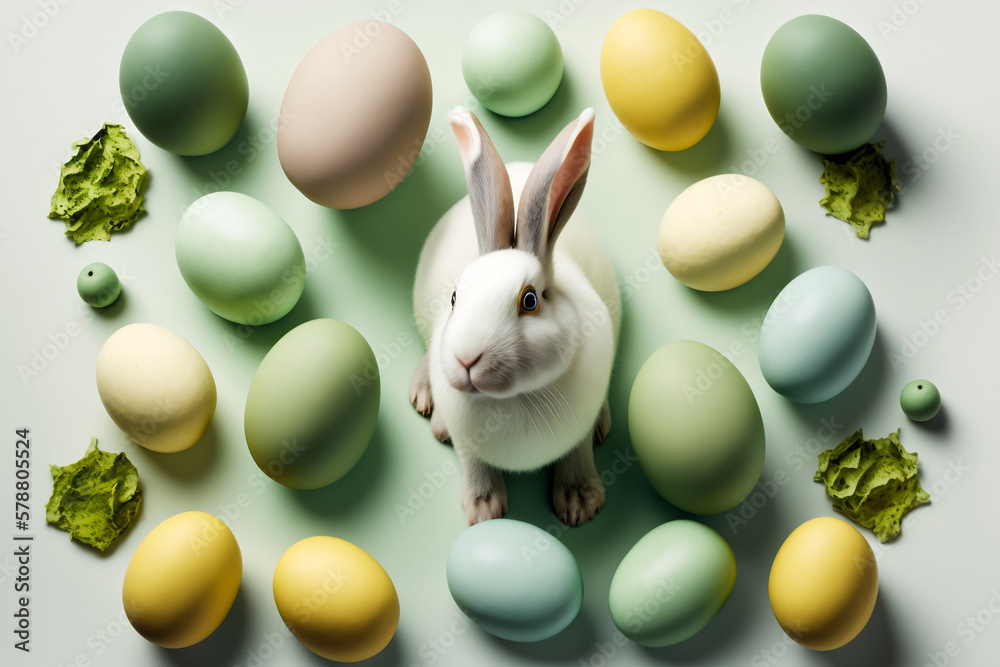 Wiosenny królik wielkanocny na tle z jajkami, Spring Easter rabbit on a background with eggs - AI Generated - obrazy, fototapety, plakaty 