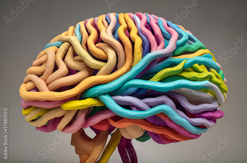 Color model of the human brain from multi-colored stripes. Concept of the brain of a creative person - artist or designer. Generative AI.