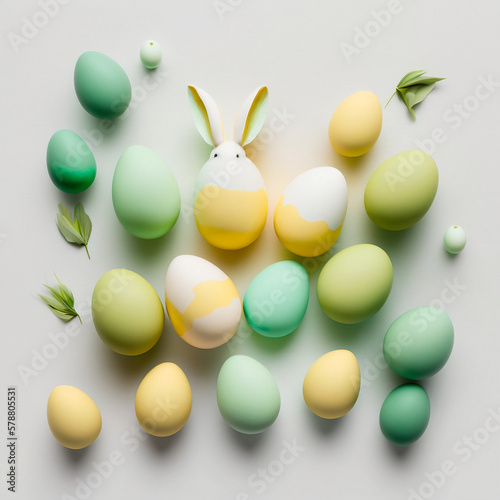 Wielkanocne jajeczka z zajączkiem - tło - Easter eggs with a bunny - background - AI Generated