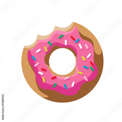 Colored bitten donut on a white background in cartoon style for printing and design. Vector illustration.