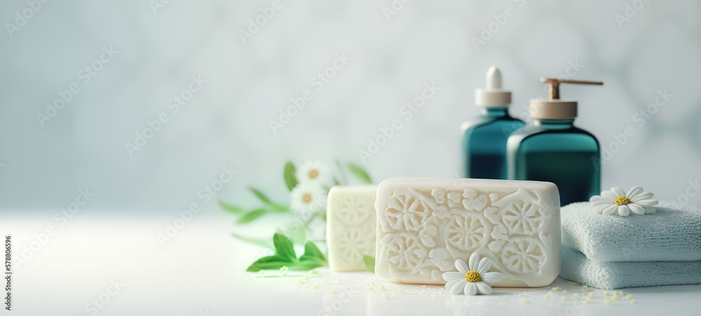 Soap, towel in bathroom, on blurred spa background. with copy space. digital art Soap, towel in bathroom, on blurred spa background. with copy space. digital art