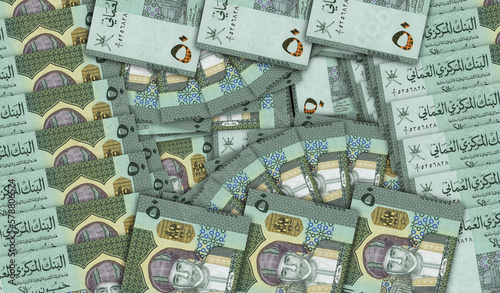 Oman Rial OMR 50 banknotes in a fan mosaic pattern 3d illustration photo