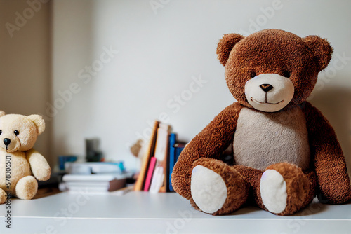 a children's teddy bear sits on a shelf in a children's room, generative AI