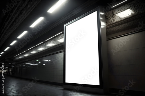 White verticle billboard at underground subway or metro station, advertising billboard underground
