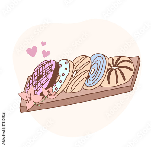 NATIONAL DONUT DAY.glazed sweet donut. Draw funny american kawaii traditional sweet donut vector illustration. American traditional food, cooking, menu concept. Doodle in cartoon style photo