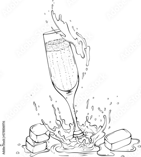 Flute of champagne with ice and water splash. A glass of sparkling wine in line art style. Vector illustrations in hand drawn sketch style isolated on white. Alcohol drink. Liquid drops