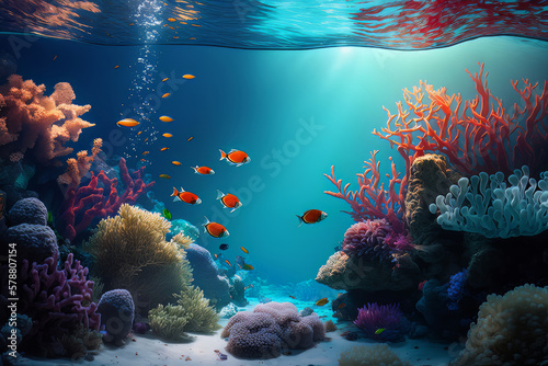 Fabulous underwater sea background. Illustration AI Generative © olegganko