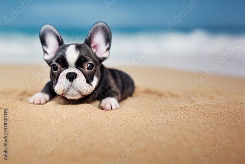 cute small french bulldog puppy on sunny day summer light sand beach, generative AI