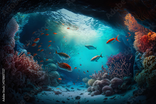 Fabulous underwater sea background. Illustration AI Generative