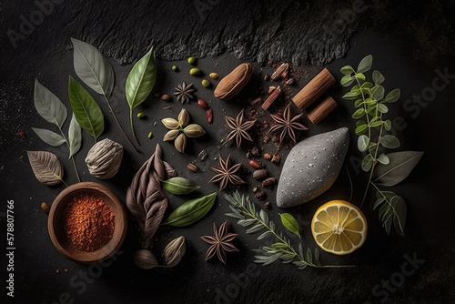 Spices and herbs set against a dark stone wall. View from above, with room for copy. Generative AI