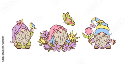 Cute spring gnomes Easter vector illustrations. Soft pastel spring colors. Springtime nature happy cheerful garden gnomes. Cartoon characters nordic dwarf Tomte with flowers, bird, butterfly doodle.
