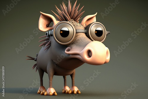 3D cute big eye warthog cartoon. Generative AI photo