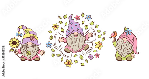 Cute spring gnomes soft pastel colors Easter vector illustrations. Springtime fun happy cheerful garden gnomes. Nowdic dwarf Tomte with flowers, bird, sunflower cartoon doodle characters.