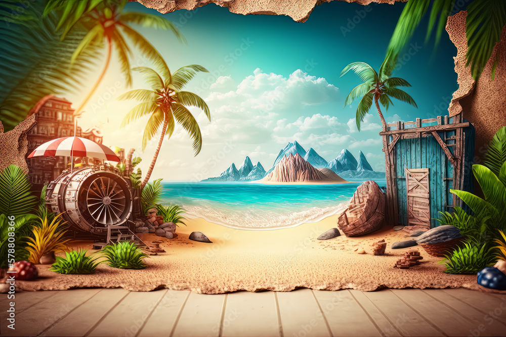 Poster Print Summer tropical background. Illustration AI Generative 40x26.7 cm