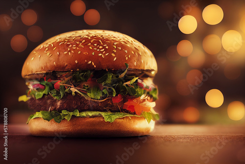 Hamburger on Counterrop with warm Bokeh background. Generative AI, AI photo