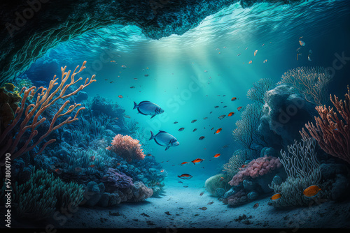 Fabulous underwater sea background. Illustration AI Generative