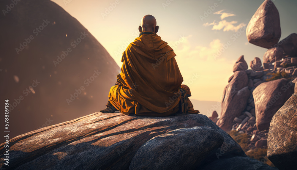 Buddhist monk meditating on a rock created with generative AI technology