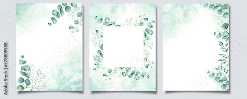 Set of floral background cards. Rustic foliage invitation templates with eucalyptus, gypsophila and pistachio branches, green watercolor splashes. For save the date, greeting, poster, and packaging