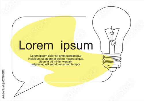 Quick tips.Continuous one line drawing of light bulb and speech bubble. Trendy line art vector on a white background. Vector illustration.