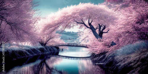 Cherry blossoms in full bloom over a tranquil river flow or a moat.  Magnificient old cherry tree over the water stream with bridge.  Japanese Cherry blossoms. Generative AI. photo