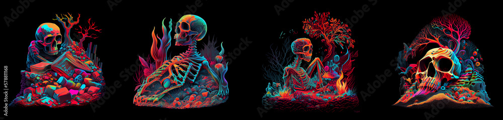 Multicolored illustration of skeleton sitting near of tree. AI generative.