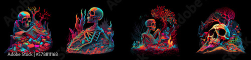 Multicolored illustration of skeleton sitting near of tree. AI generative.