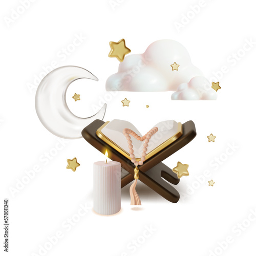 3d Ramadan Kareem Concept and Quran with Book Stand Plasticine Cartoon Style. Vector illustration of Metal Crescent Moon