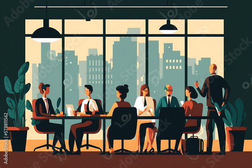Flat vector illustration Meeting  smiling and facing businesswoman  executive or CEO with colleagues in office conference room. Happy leadership and senior corporate managers with colleagues at...  