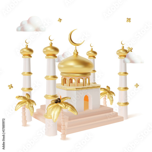 3d Ramadan Kareem Concept with Metal Crescent Moon and Islamic Mosque Plasticine Cartoon Style. Vector illustration