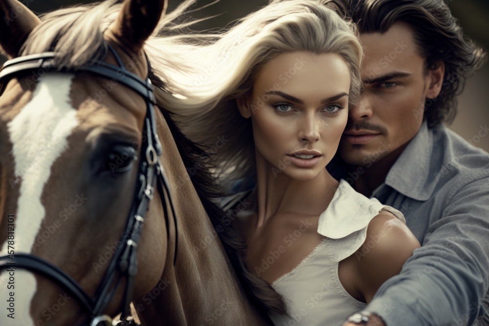 A girl in love and her boyfriend ride a horse flirting, hugging