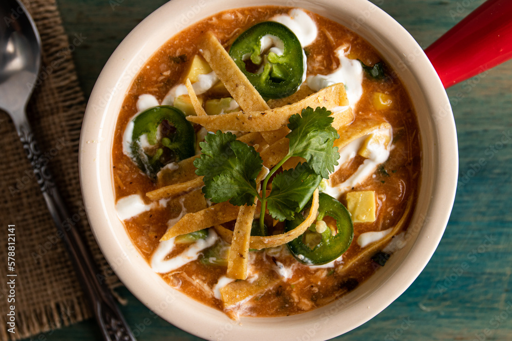 thai noodle soup with pork, tortilla and cilantro. thai noodle soup with pork, tortilla and cilantro.