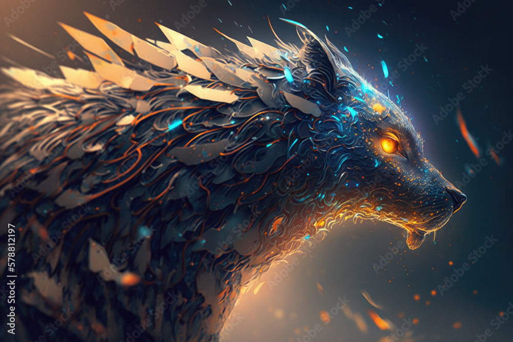 Futuristic and Abstract Wolf, Made by AI, AI generated, Artificial intelligence Futuristic and Abstract Wolf, Made by AI, AI generated, Artificial intelligence