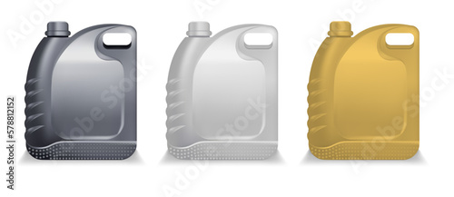 Realistic Detailed 3d Motor Oil Bottle Empty Template Mockup Set. Vector illustration of Plastic Container Canister
