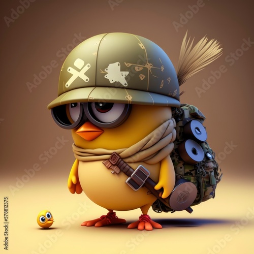 baby chicken cartoon character wearing military helmet and equipment, soldier hen bird, 3d illustration isolated on background, generative ai 