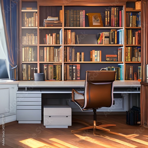 A home office with a desk, a comfortable chair, and shelves lined with books3, Generative AI © Ai.Art.Creations
