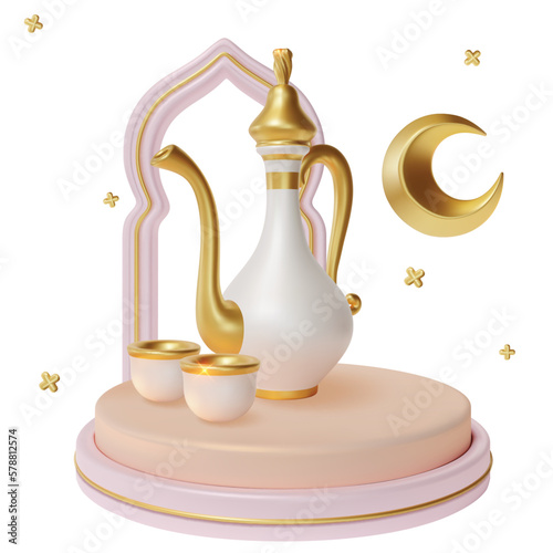 3d Ramadan Kareem Concept with Islamic Water Jar Kumgan and Metal Crescent Moon Plasticine Cartoon Style. Vector illustration photo