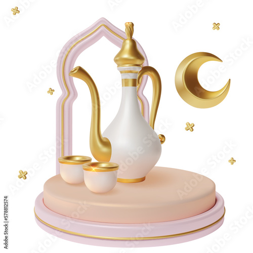 3d Ramadan Kareem Concept with Islamic Water Jar Kumgan and Metal Crescent Moon Plasticine Cartoon Style. Vector illustration