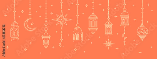 Arabic Traditional Ramadan Kareem Eastern Lanterns Garland Thin Line Set. Vector illustration of Islam Holiday Elements