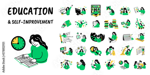 Cartoon Color Educational and Self-Development Concept Set Flat Design Style. Vector illustration of Scenes with Different Education Process