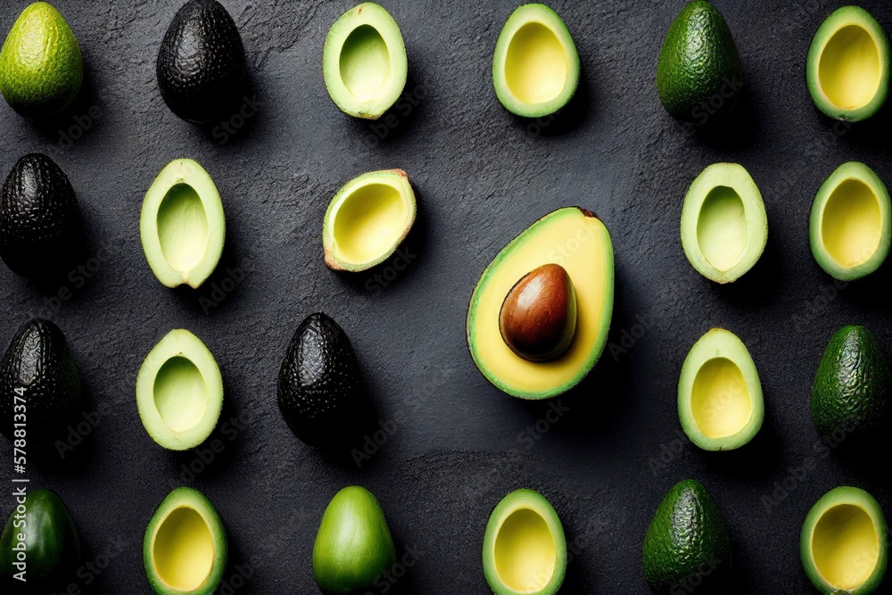 cut half avocados on a metal background, rusty floor, leaf and branch, generative ai cut half avocados on a metal background, rusty floor, leaf and branch, generative ai
