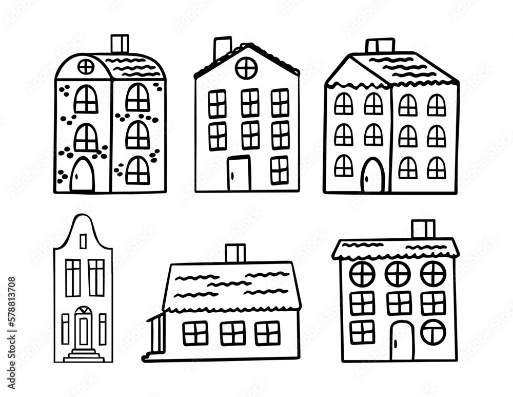 Set of doodle cute houses.  Suitable for print, postcard, sketchbook cover, poster, stickers, your design. Black outlines
