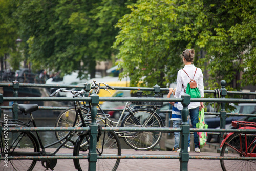 Photography women on bridge back view bike