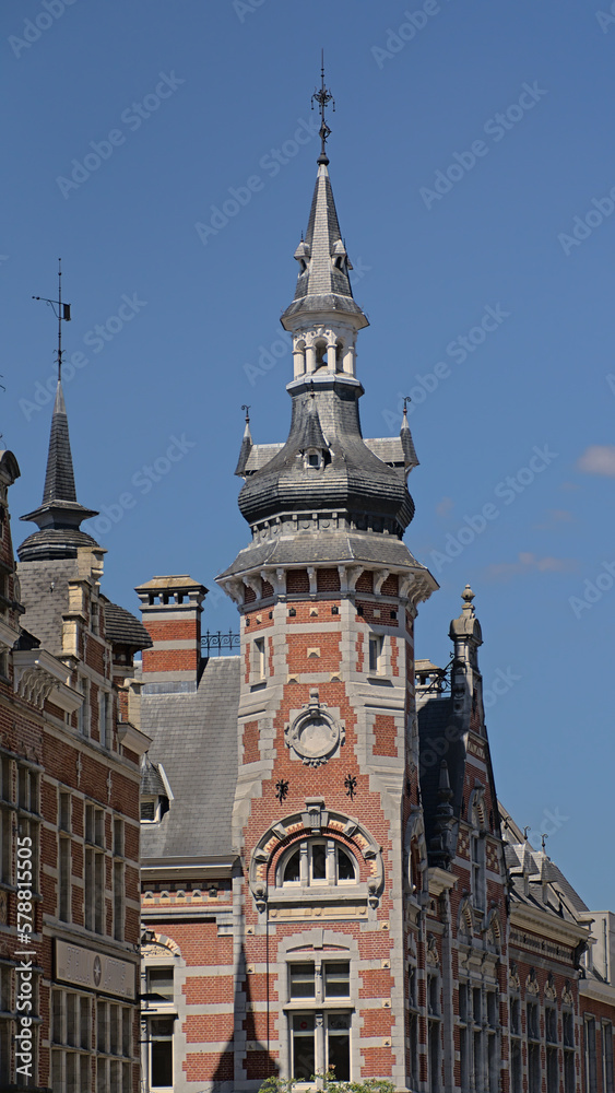 Fototapeta premium Ornate tower, detail of a house in Flemish renaissance architecture in Louvain, Flanders, Belgium 