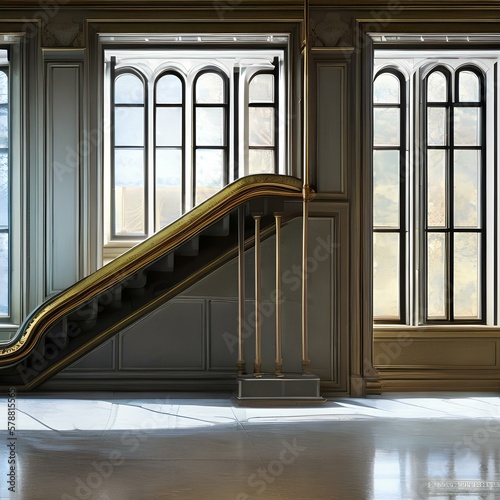 13. A staircase with a interesting handrail and a large window nearby.2  Generative AI