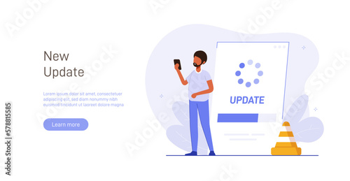 System or web application upgrade procedure. Concept of software version update or renewal process indication. Man and phone. Flat colorful vector illustration for banner, poster. 